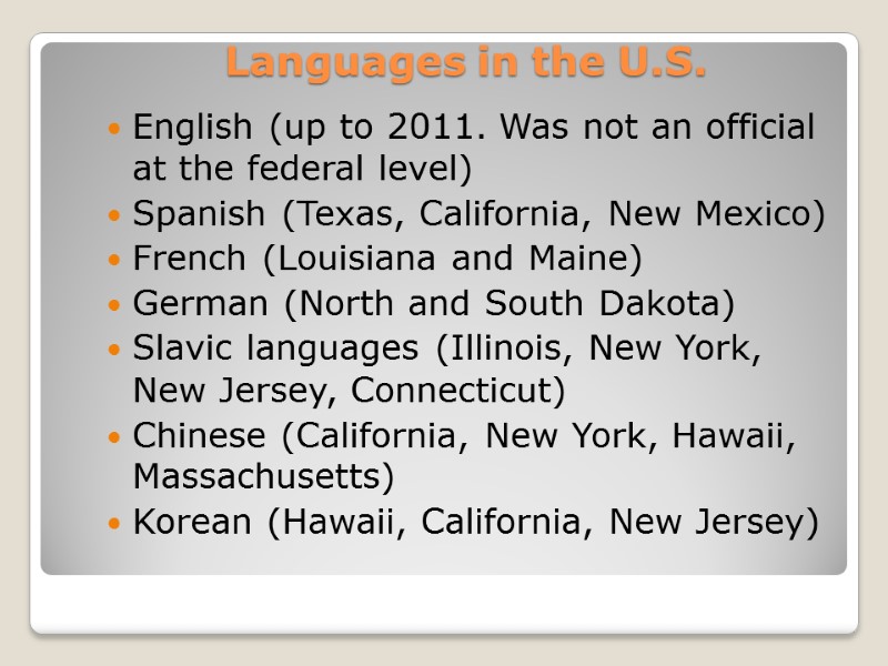 Languages ​​in the U.S. English (up to 2011. Was not an official at the
